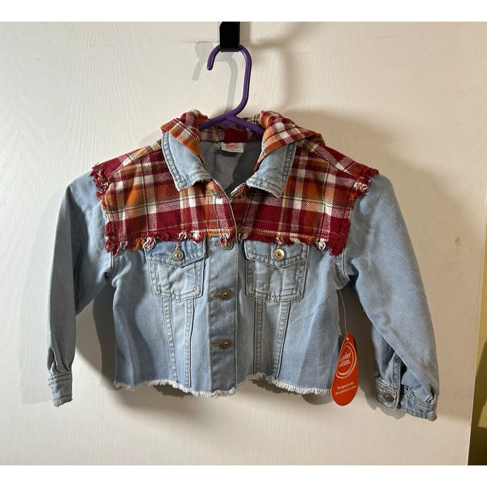 Wonder Nation Girls 4T Denim Jacket Plaid Hood Yoke Button Collared Fringe